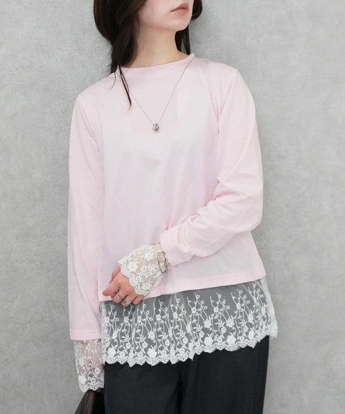 SELECT LEVERY(セレクトリベリー)の「シアーレースドッキングTシャツ(Tシャツ/カットソー・レディース・ブラック/グレー/オフホワイト/ピンク・FREE)」の10枚目の写真