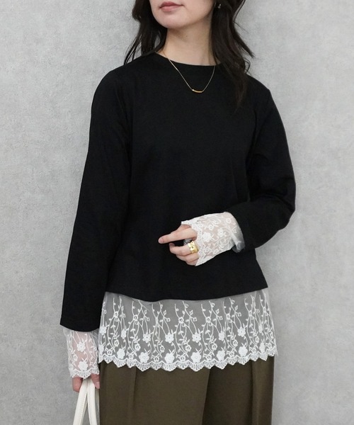 SELECT LEVERY(セレクトリベリー)の「シアーレースドッキングTシャツ(Tシャツ/カットソー・レディース・ブラック/グレー/オフホワイト/ピンク・FREE)」の19枚目の写真