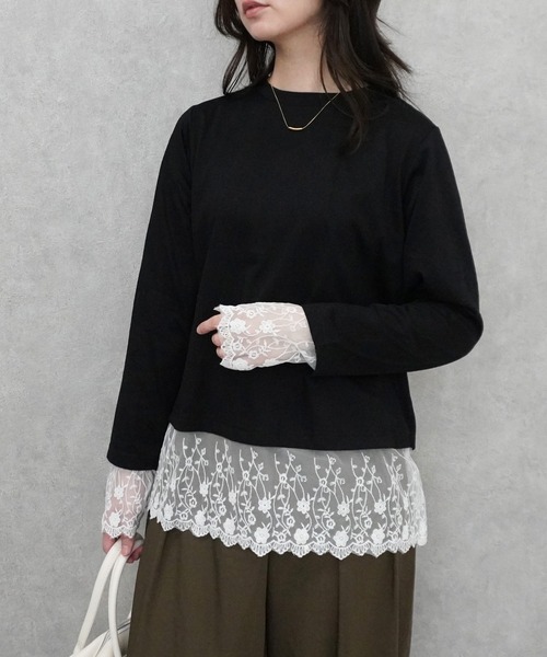 SELECT LEVERY(セレクトリベリー)の「シアーレースドッキングTシャツ(Tシャツ/カットソー・レディース・ブラック/グレー/オフホワイト/ピンク・FREE)」の20枚目の写真