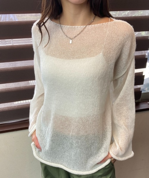 tolene(トレネ)の「ふんわりシアー 長袖 透け感ニットトップス(ニット/セーター・レディース・チャコールグレー/ホワイト・FREE)」の1枚目の写真
