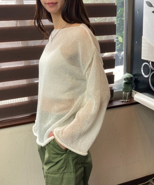 tolene(トレネ)の「ふんわりシアー 長袖 透け感ニットトップス(ニット/セーター・レディース・チャコールグレー/ホワイト・FREE)」の13枚目の写真
