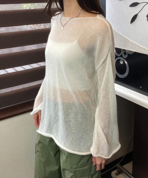 tolene(トレネ)の「ふんわりシアー 長袖 透け感ニットトップス(ニット/セーター・レディース・チャコールグレー/ホワイト・FREE)」の15枚目の写真