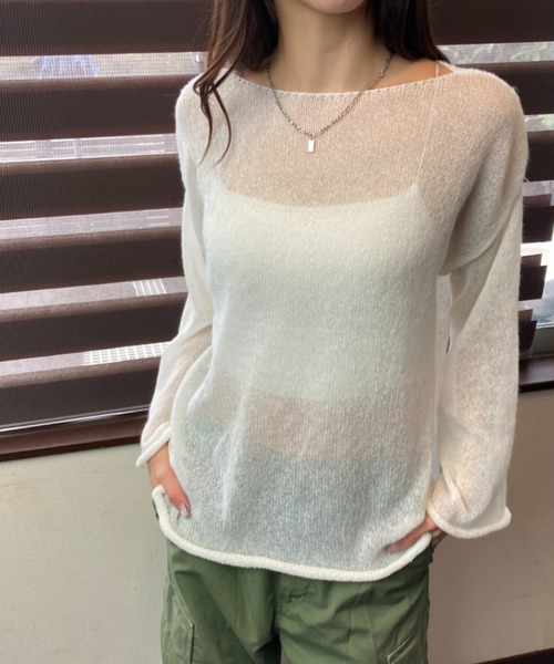 tolene(トレネ)の「ふんわりシアー 長袖 透け感ニットトップス(ニット/セーター・レディース・チャコールグレー/ホワイト・FREE)」の3枚目の写真