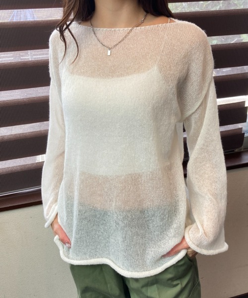 tolene(トレネ)の「ふんわりシアー 長袖 透け感ニットトップス(ニット/セーター・レディース・チャコールグレー/ホワイト・FREE)」の4枚目の写真