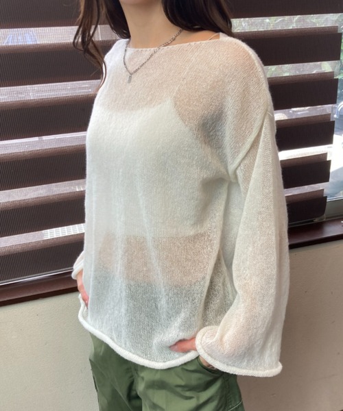tolene(トレネ)の「ふんわりシアー 長袖 透け感ニットトップス(ニット/セーター・レディース・チャコールグレー/ホワイト・FREE)」の8枚目の写真