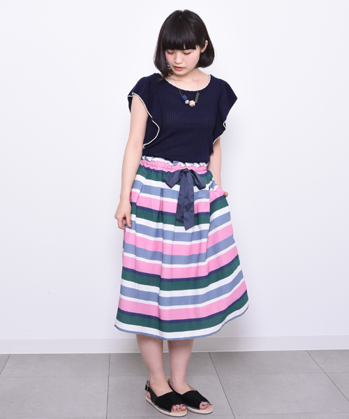 POU DOU DOU(プードゥドゥ)の「マルチボーダータックスカート(スカート・レディース・イエロー/ピンク・3)」の2枚目の写真