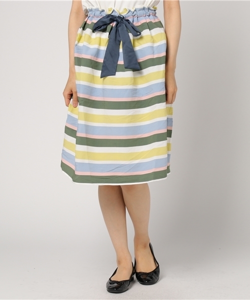 POU DOU DOU(プードゥドゥ)の「マルチボーダータックスカート(スカート・レディース・イエロー/ピンク・3)」の1枚目の写真