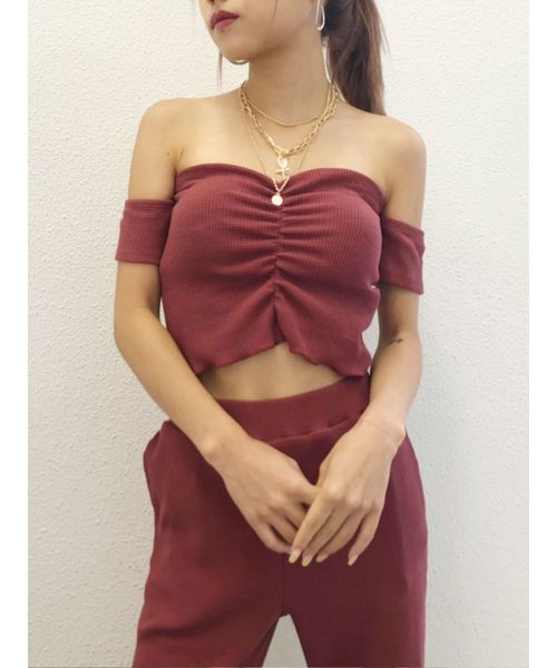 GYDA（ジェイダ）の「オフショルワッフルビスチェ（キャミソール・レディース・ブラック/カーキ/ボルドー・FREE）」の6枚目の写真