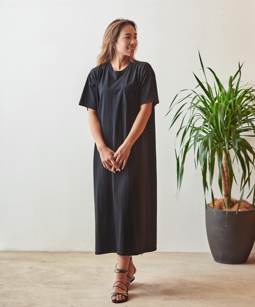 Good On(グッドオン)の「GOOD ON POCKET TEE MAXI ONE PIECE (グッドオン ポケットTマキシワンピース) GOOP1903(ワンピース・レディース・ブラック/ネイビー/グレー/ライトブラウン/ブラック系その他/ライトブルー/コーラルピンク・FREE)」の2枚目の写真