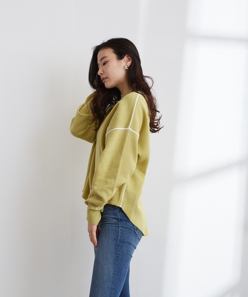 Wefst(ウェスト)の「【Wefst】ジャガード編み配色パイピングカットソー(Tシャツ/カットソー・レディース・ホワイト/ブラック/ブルー/グリーン系その他/ライトベージュ・FREE)」の4枚目の写真