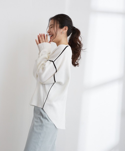 Wefst(ウェスト)の「【Wefst】ジャガード編み配色パイピングカットソー(Tシャツ/カットソー・レディース・ホワイト/ブラック/ブルー/グリーン系その他/ライトベージュ・FREE)」の2枚目の写真