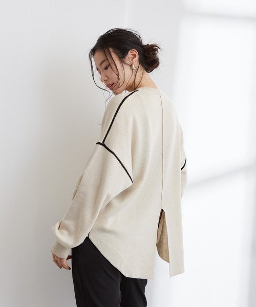 Wefst(ウェスト)の「【Wefst】ジャガード編み配色パイピングカットソー(Tシャツ/カットソー・レディース・ホワイト/ブラック/ブルー/グリーン系その他/ライトベージュ・FREE)」の3枚目の写真