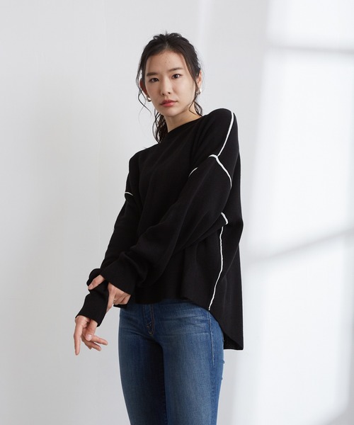 Wefst(ウェスト)の「【Wefst】ジャガード編み配色パイピングカットソー(Tシャツ/カットソー・レディース・ホワイト/ブラック/ブルー/グリーン系その他/ライトベージュ・FREE)」の1枚目の写真