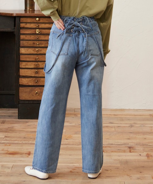 MATCH&more(マッチアンドモア)の「デニムレースアップパンツ(デニムパンツ・レディース・ブラック/パープル/ネイビー/ブルー/オフホワイト・FREE)」の1枚目の写真