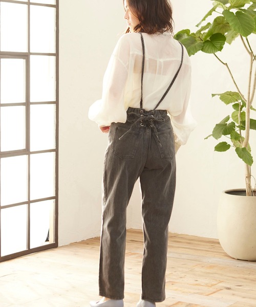 MATCH&more(マッチアンドモア)の「デニムレースアップパンツ(デニムパンツ・レディース・ブラック/パープル/ネイビー/ブルー/オフホワイト・FREE)」の3枚目の写真