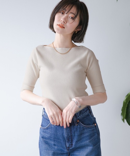 A part by(アパートバイ)の「14Gセナカアキニット5分袖 944267(ニット/セーター・レディース・ブラック/アイボリー/グリーン系その他6/ブルー系その他4・MEDIUM/LARGE)」の2枚目の写真