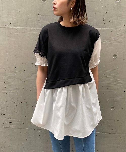 AS KNOW AS PINKY（アズノゥアズピンキー）の「流れるレースドッキングチュニ（チュニック・レディース・オフホワイト/ブラック×ホワイト・FREE）」の11枚目の写真