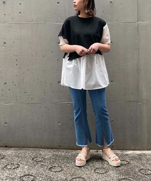 AS KNOW AS PINKY（アズノゥアズピンキー）の「流れるレースドッキングチュニ（チュニック・レディース・オフホワイト/ブラック×ホワイト・FREE）」の5枚目の写真