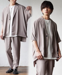 【MinoriTY】とろみ素材ビッグドルマンセットアップ メンズ 半袖テーラードジャケット＋テーパードパンツ メンズ スラックス 無地 シャツジャケット