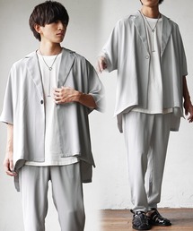 【MinoriTY】とろみ素材ビッグドルマンセットアップ メンズ 半袖テーラードジャケット+テーパードパンツ メンズ スラックス 無地 シャツジャケット