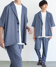 【MinoriTY】とろみ素材ビッグドルマンセットアップ メンズ 半袖テーラードジャケット+テーパードパンツ メンズ スラックス 無地 シャツジャケット