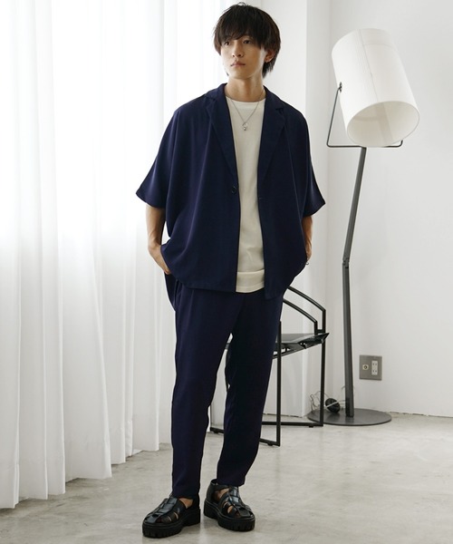 MinoriTY（マイノリティ）の「【MinoriTY】とろみ素材ビッグドルマンセットアップ メンズ 半袖テーラードジャケット＋テーパードパンツ メンズ スラックス 無地 シャツジャケット（セットアップ・メンズ・ブルーグレー/グレー系その他/チャコール/ライトグレー/グリーン/ブラック/グレイッシュベージュ/ダークブルー/ベージュ/チャコールグレー・M/L/S）」の16枚目の写真