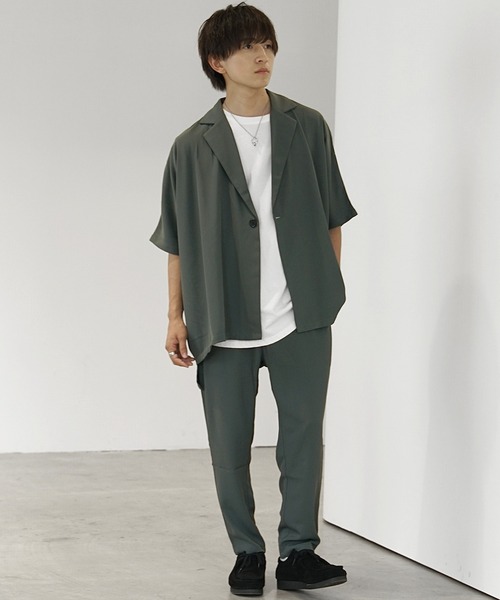 MinoriTY（マイノリティ）の「【MinoriTY】とろみ素材ビッグドルマンセットアップ メンズ 半袖テーラードジャケット＋テーパードパンツ メンズ スラックス 無地 シャツジャケット（セットアップ・メンズ・ブルーグレー/グレー系その他/チャコール/ライトグレー/グリーン/ブラック/グレイッシュベージュ/ダークブルー/ベージュ/チャコールグレー・M/L/S）」の21枚目の写真
