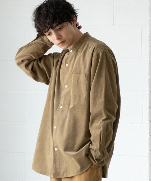 coen（コーエン）の「細畝コーデュロイバンドカラーシャツ（シャツ/ブラウス・メンズ・ベージュ/ネイビー/オリーブ・X-LARGE/SMALL/MEDIUM/LARGE）」の2枚目の写真