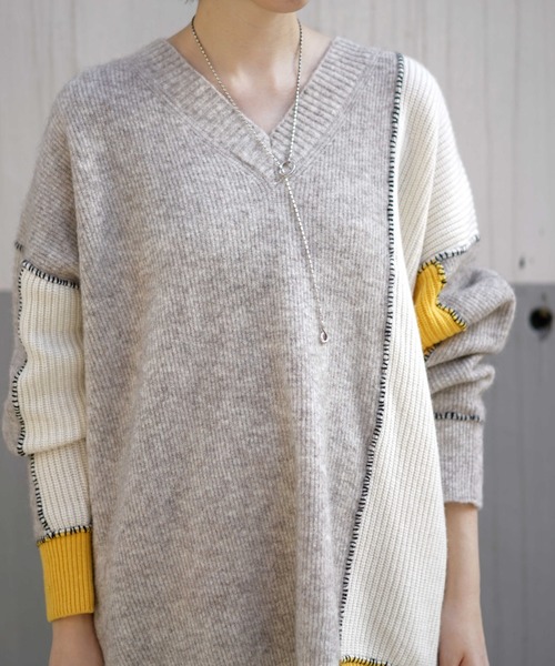 EN'DAY（エンディ）の「EN'DAY(エンディ) カラーブロックステッチニット（ニット/セーター・レディース・ベージュ/グレー・FREE）」の5枚目の写真