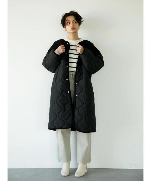 koe(コエ)の「ボア切り替えキルティングコート*(ノーカラーコート・レディース・オリーブ/ブラック/グレイッシュベージュ・L/M)」の4枚目の写真