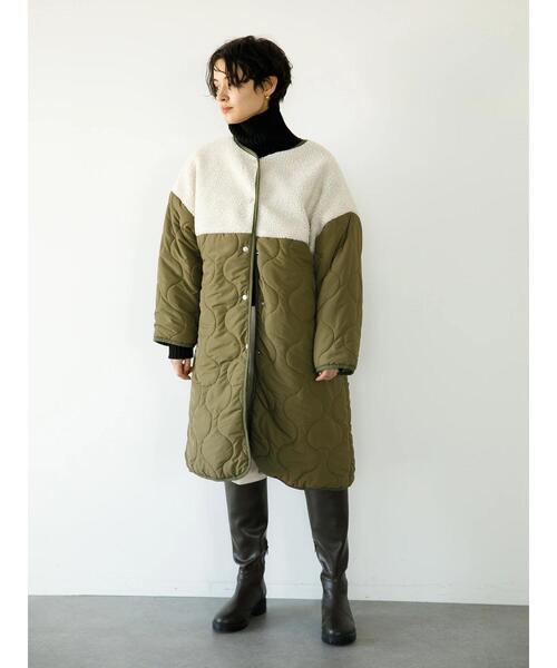 koe(コエ)の「ボア切り替えキルティングコート*(ノーカラーコート・レディース・オリーブ/ブラック/グレイッシュベージュ・L/M)」の6枚目の写真