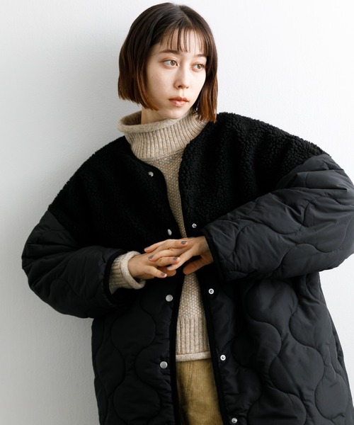 koe(コエ)の「ボア切り替えキルティングコート*(ノーカラーコート・レディース・オリーブ/ブラック/グレイッシュベージュ・L/M)」の9枚目の写真