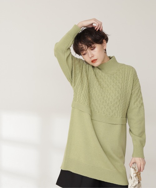 N.（N. Natural Beauty Basic）（エヌエヌナチュラルビューティーベーシック）の「ウール混ケーブルレイヤード風ニットミニワンピース（ワンピース・レディース・グレー/ホワイト/ライトグリーン・MEDIUM）」の18枚目の写真