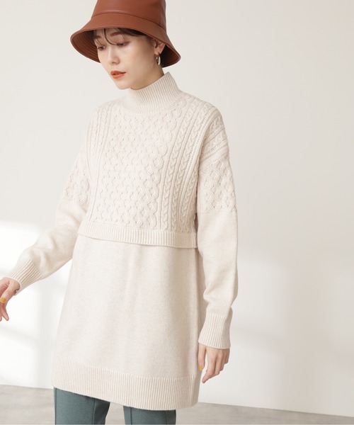 N.（N. Natural Beauty Basic）（エヌエヌナチュラルビューティーベーシック）の「ウール混ケーブルレイヤード風ニットミニワンピース（ワンピース・レディース・グレー/ホワイト/ライトグリーン・MEDIUM）」の10枚目の写真