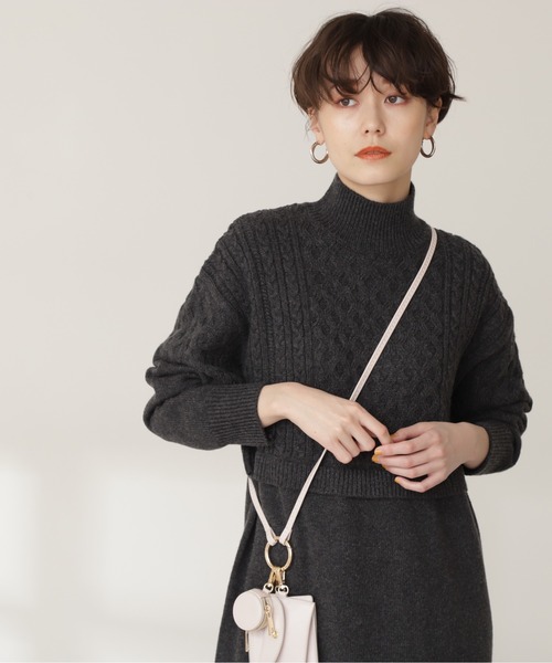 N.（N. Natural Beauty Basic）（エヌエヌナチュラルビューティーベーシック）の「ウール混ケーブルレイヤード風ニットミニワンピース（ワンピース・レディース・グレー/ホワイト/ライトグリーン・MEDIUM）」の13枚目の写真