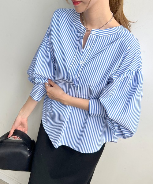 Futier land（フューティアランド）の「ストライプバルーンスリーブバンドカラーシャツブラウス（シャツ/ブラウス・レディース・ブラック/ブルー/ピンク/ライトパープル/グリーン/ブルー系その他/グレー/イエロー・FREE）」の5枚目の写真