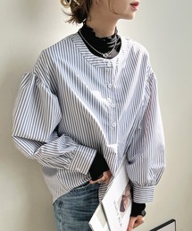 ストライプバルーンスリーブバンドカラーシャツブラウス