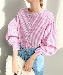 Futier land | ストライプ柄バルーンスリーブバンドカラーブラウス(シャツ/ブラウス)