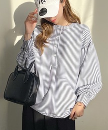 ストライプバルーンスリーブバンドカラーシャツブラウス