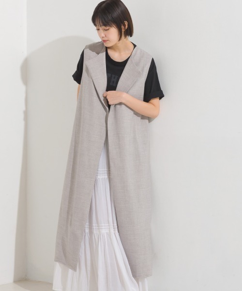 OMNES（オムネス）の「ストレッチ杢ノーカラーロングジレ（ベスト・レディース・ベージュ/グレー・FREE）」の7枚目の写真