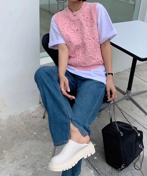 me+em select（ミームセレクト）の「【セットアイテム】花柄ニットベスト＋カラービッグシャツ SET【数量限定販売】（ベスト・レディース・パープル/アイボリー/ピンク/イエロー・FREE）」の9枚目の写真