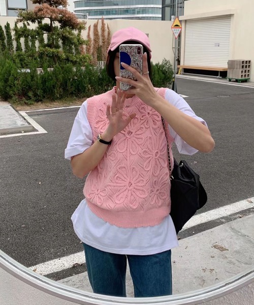 me+em select（ミームセレクト）の「【セットアイテム】花柄ニットベスト＋カラービッグシャツ SET【数量限定販売】（ベスト・レディース・パープル/アイボリー/ピンク/イエロー・FREE）」の10枚目の写真