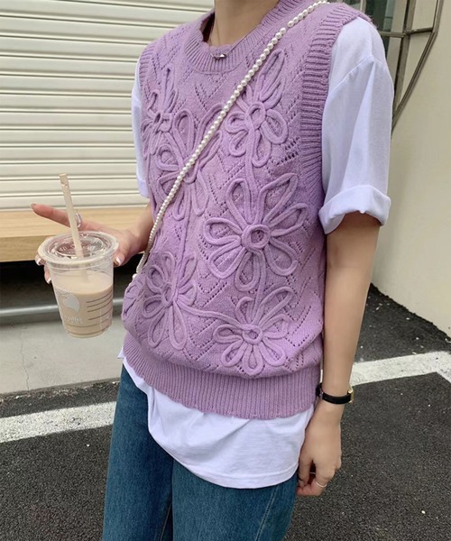 me+em select（ミームセレクト）の「【セットアイテム】花柄ニットベスト＋カラービッグシャツ SET【数量限定販売】（ベスト・レディース・パープル/アイボリー/ピンク/イエロー・FREE）」の11枚目の写真