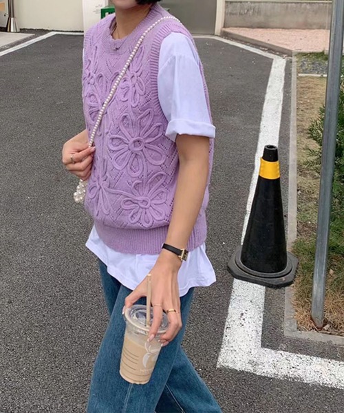 me+em select（ミームセレクト）の「【セットアイテム】花柄ニットベスト＋カラービッグシャツ SET【数量限定販売】（ベスト・レディース・パープル/アイボリー/ピンク/イエロー・FREE）」の13枚目の写真