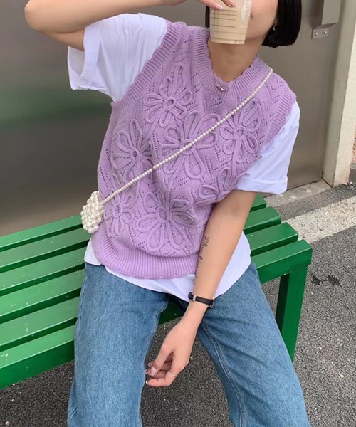 me+em select（ミームセレクト）の「【セットアイテム】花柄ニットベスト＋カラービッグシャツ SET【数量限定販売】（ベスト・レディース・パープル/アイボリー/ピンク/イエロー・FREE）」の15枚目の写真