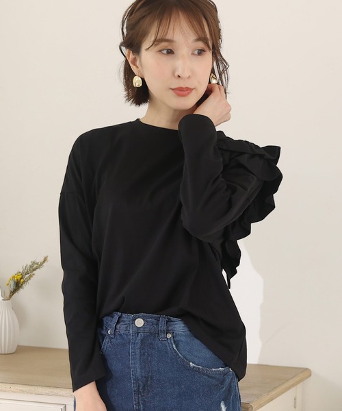 yoiko☆ eLLa【新品未使用】フリル付きブラック長袖トップス 片袖フリル長袖カットソー（Tシャツ/カットソー）｜ElegChic