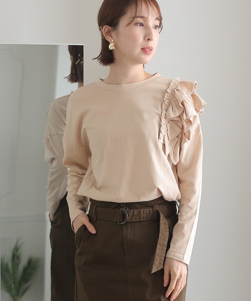片袖フリル長袖カットソー（Tシャツ/カットソー）｜ElegChic