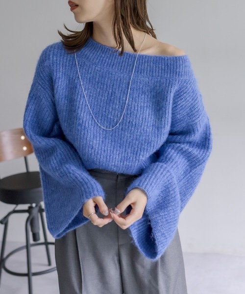 mystic（ミスティック）の「袖フレアショートニット（ニット/セーター・レディース・オフホワイト/チャコールグレー/ブルー・FREE）」の8枚目の写真