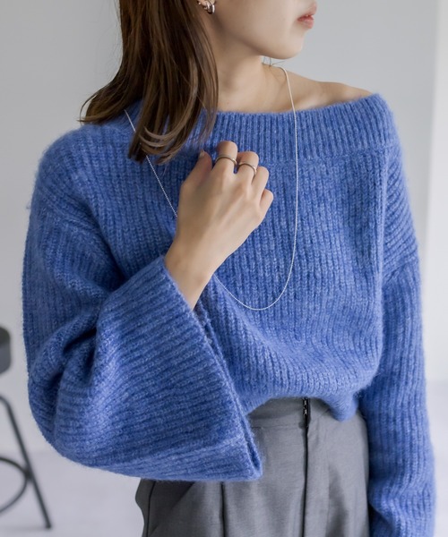 mystic（ミスティック）の「袖フレアショートニット（ニット/セーター・レディース・オフホワイト/チャコールグレー/ブルー・FREE）」の13枚目の写真