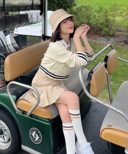 新品【EIMY GOLF】エイミーゴルフ　ロゴ　刺繍　チェック　バケットハット セール】esエンブロイダリーチェックバケットハット（ハット